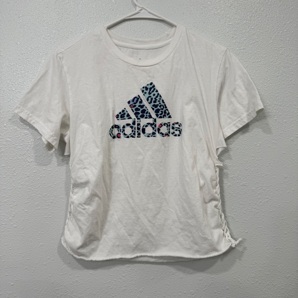 Adidas Girls White Leopard Print Logo Graphic T-Shirt Braided Side Detail Size M